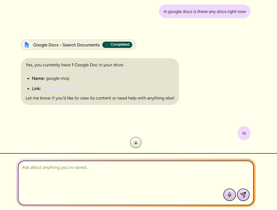 RecallNote chat answering a question using a connected Google Docs search