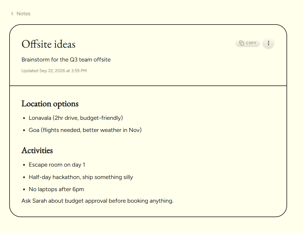 A RecallNote note detail page - title, description, and the full note content with a copy button