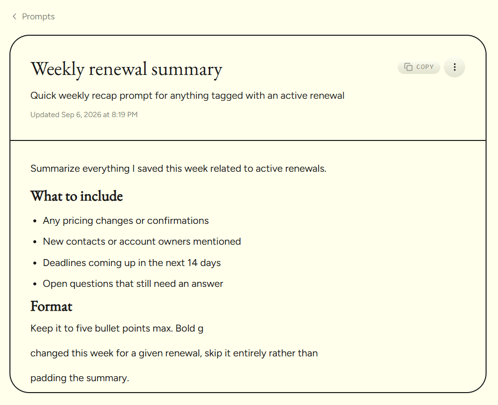 A RecallNote prompt detail page - title, description, and the full prompt text with a copy button