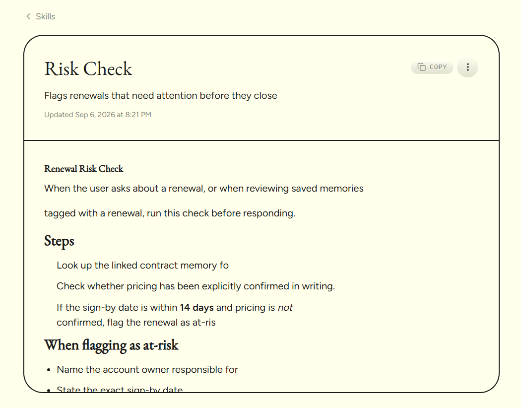 A RecallNote skill detail page - name, description, and the full instructions with a copy button